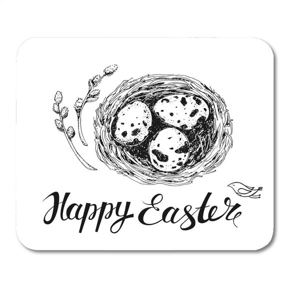 POGLIP Handwritten Inscription Happy Easter Modern Ink Calligraphy Vintage with Engraving Willow Branches Nest Mousepad Mouse Pad Mouse Mat 9x10 inch