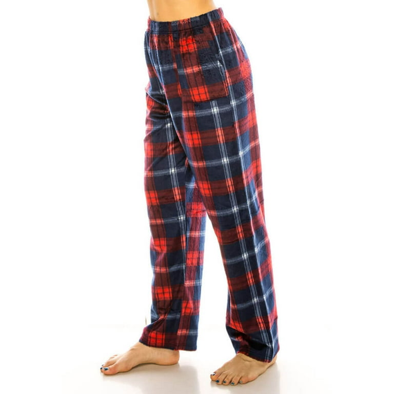Womens Ladies Plush Fleece PJ Pajama Pants 80140P, Navy Red Plaid, Size XL