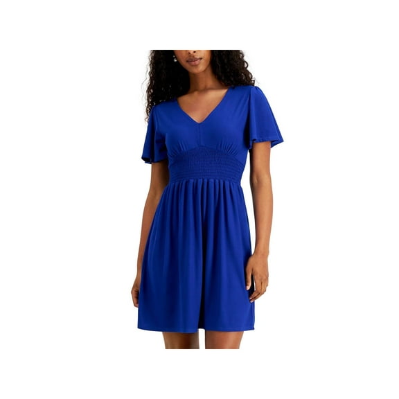 Planet Gold Womens Smocked Short Sleeves Fit & Flare Dress Blue S