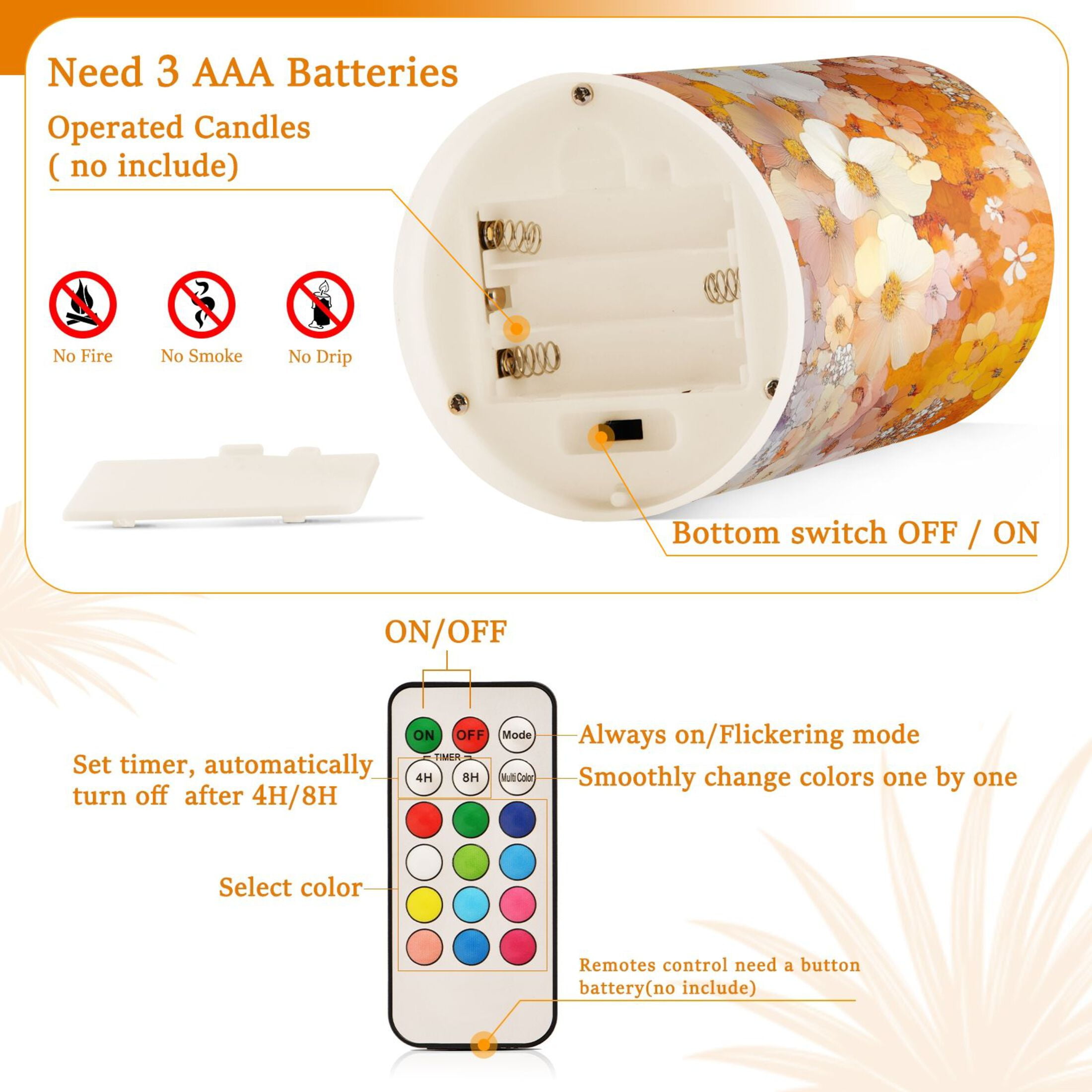 Orange Gradient Watercolor Flower Flickering Flameless Candles Battery Operated with Remote Timer LED Pillar Candles Set of 2