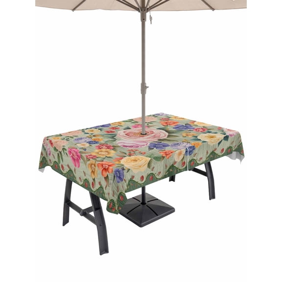 Green Boho Flower Outdoor Tablecloth - 52x70 Inch Rectangle Dining Table Cover, Spring Watercolor Country Floral Plant Waterproof Outdoor Table Cloth with Umbrella Hole & Zipper for Picnic/Patio