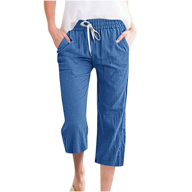 Timegard 2pc Capri Pants for Women Cotton Linen Elastic Waist Loose Lounge Crop Pants Pockets Solid Color