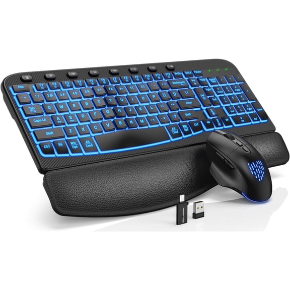 Ergonomic Wireless Keyboard and Mouse Combo - Wave Keyboard with Soft Leather Wrist Rest,  RGB Backlit Rechargeable Set (Black)