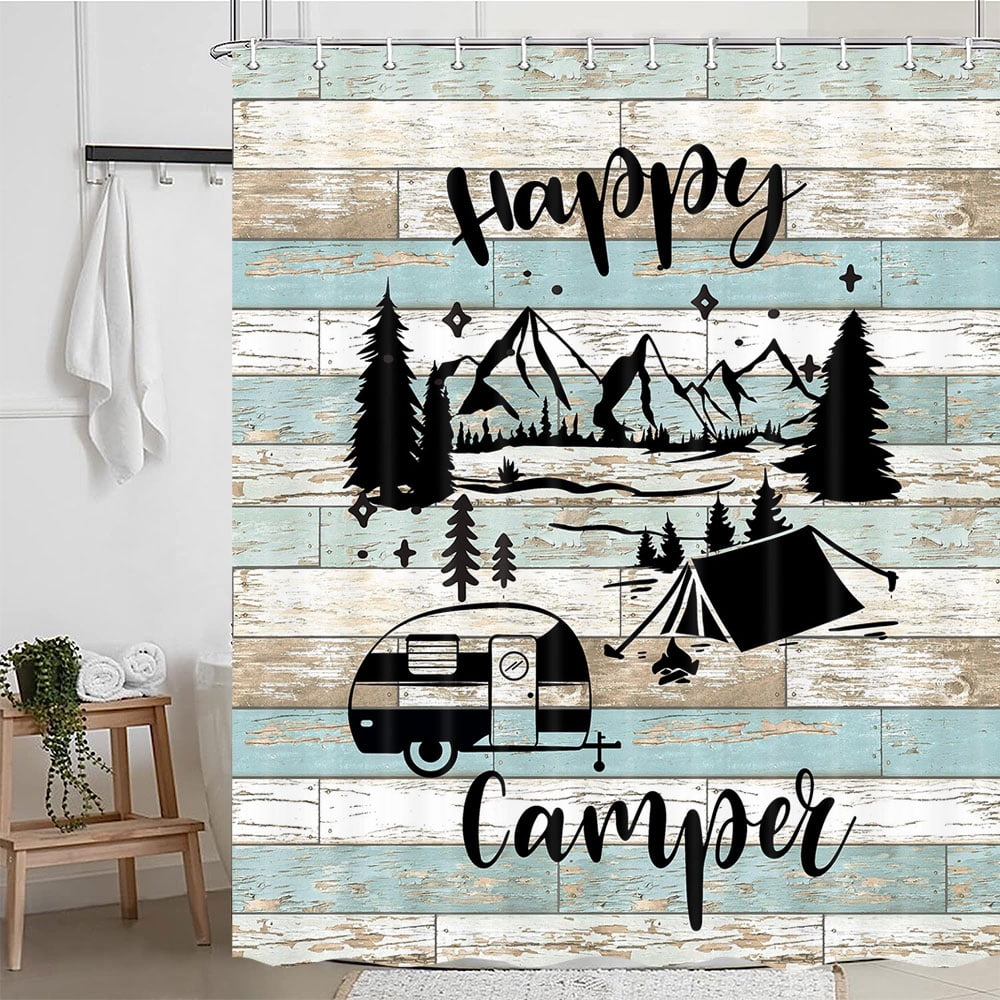 Camper RV Shower Curtain for Travel Trailers Bathroom, Retro Rustic