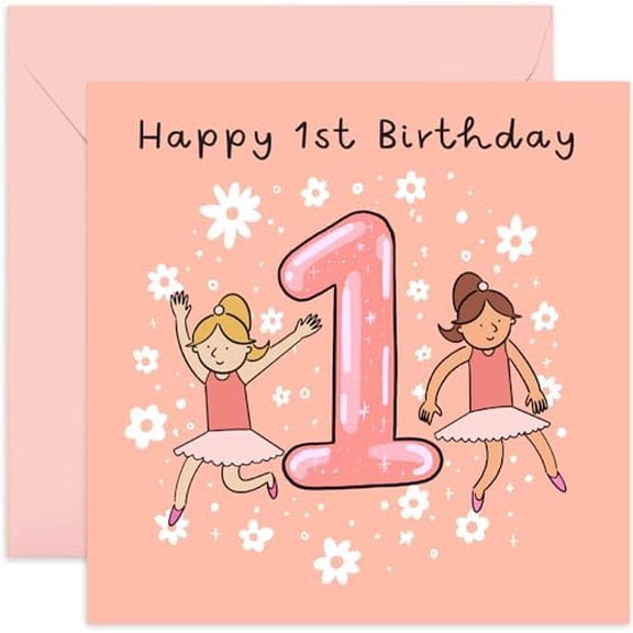 Old English Co. 1st Birthday Card for Girl with Flower Ballerina - Cute Girls Happy Birthday Cards - Pink Sparkle First Birthday Card for Her - Age One Girl Birthday Card | Blank Inside Envelope