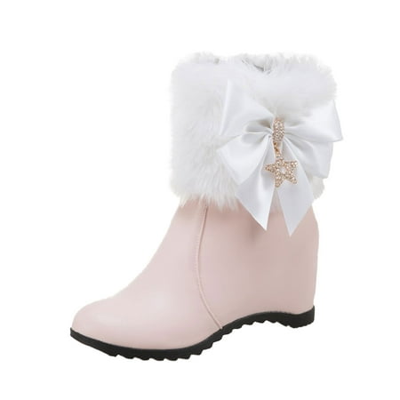 

GHSOHS Ankle Boots for Women Winter Fashion Leather Bow Rhinestone Cotton Cowboy Boots Side Zipper Inside High Wedge Heel Snow Boots (37 Pink)