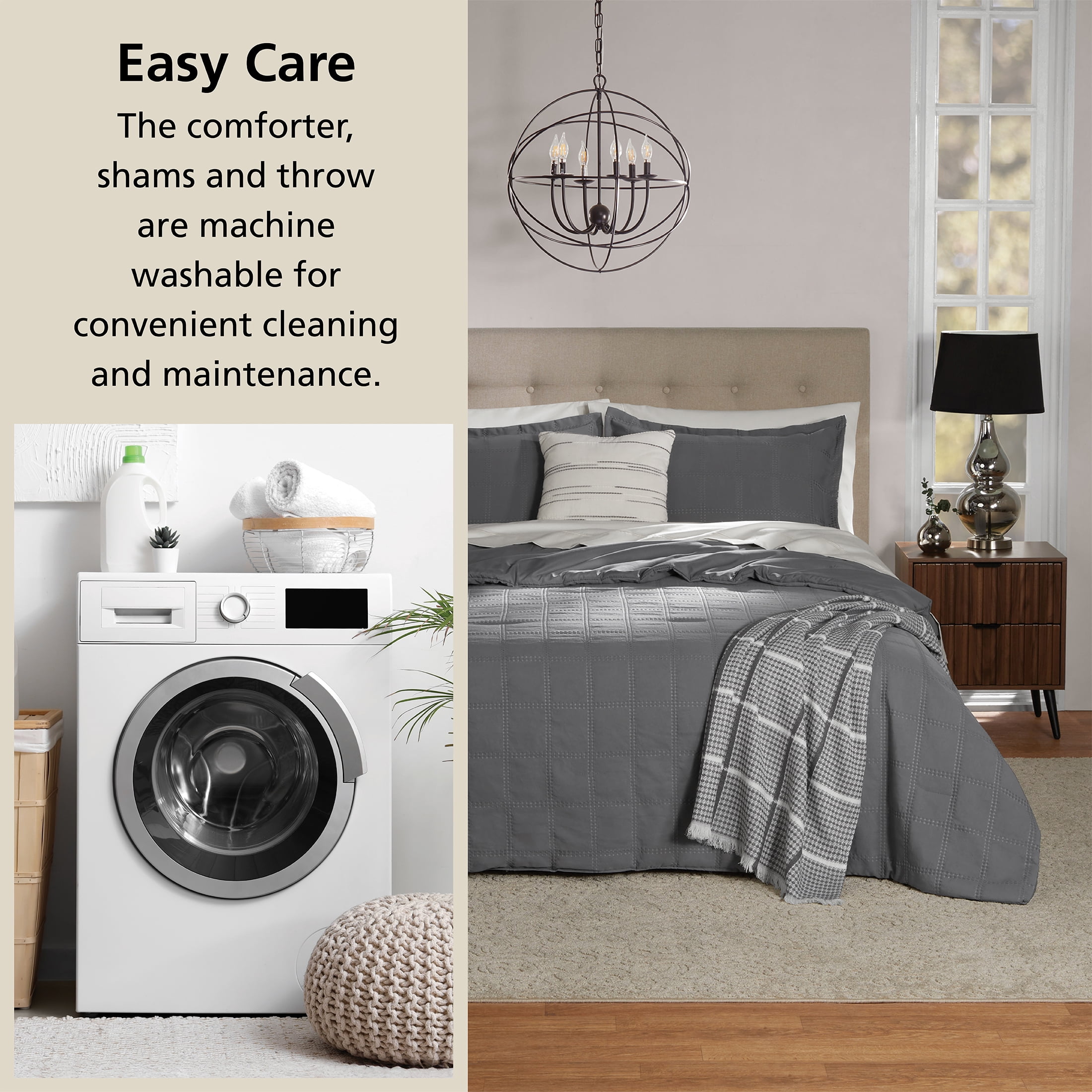 Mainstays Full/Queen Comforter Set, All-Season, 5-Piece, Grey Waffle Check