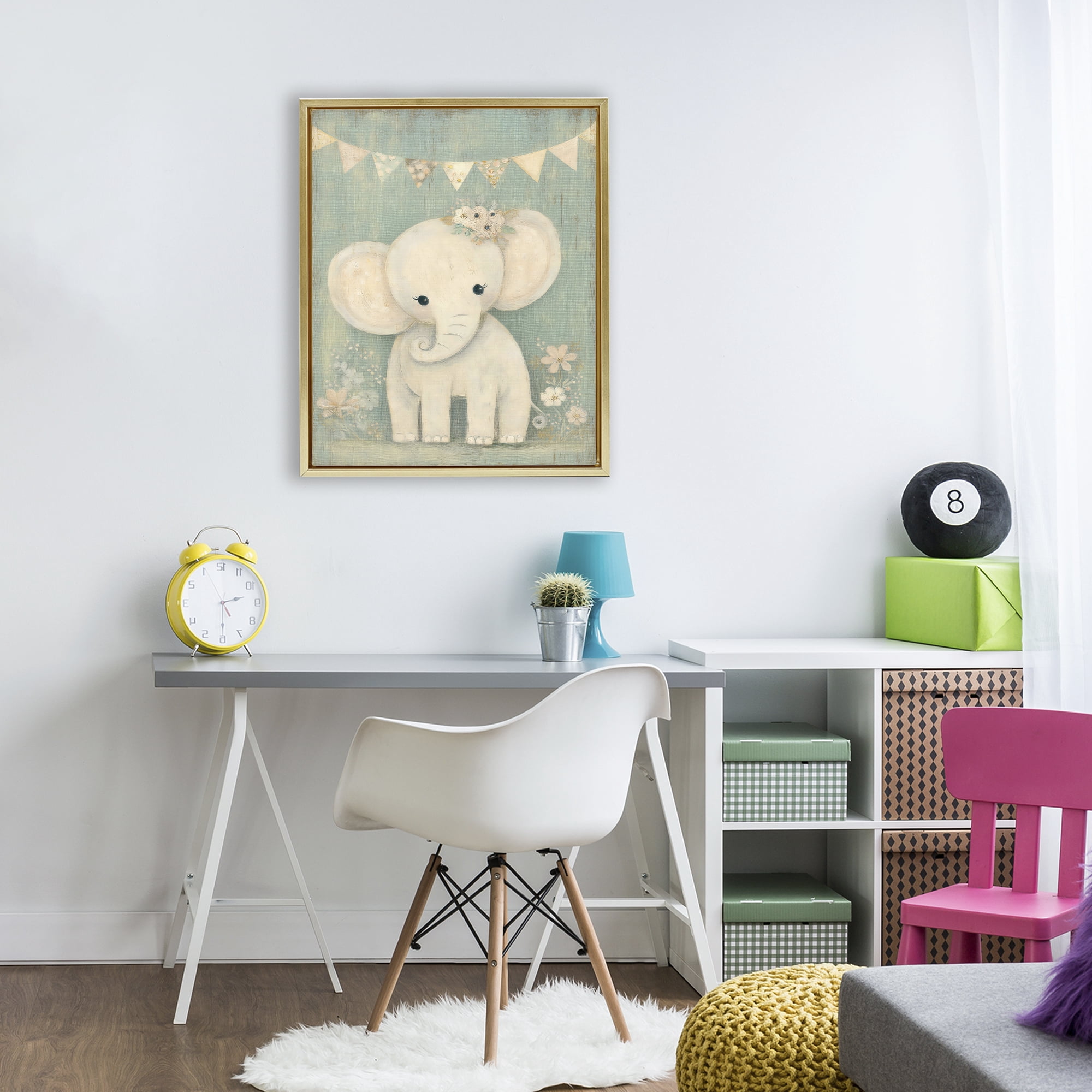 Stupell Industries Elephant with Overhead Banner Gold Framed Floater Canvas Wall Art, design by Ink Drop Loft