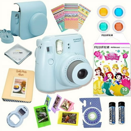 Fujifilm Instax Mini 8 Camera BLUE + Instax mini 8 instant films 10 pack (Disney Princess) + MASSIVE BUNDLE for Fujifilm instax mini 8 camera