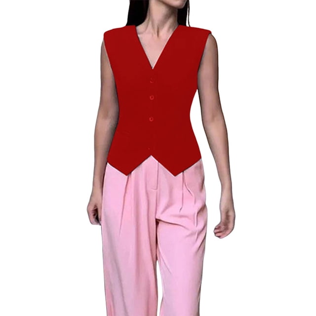 Jindong Gilets Décontractés pour Femmes, Costume Tailleur Ajusté, Petit Gilet Sans Manches Court, Manteaux Rouges pour Femmes