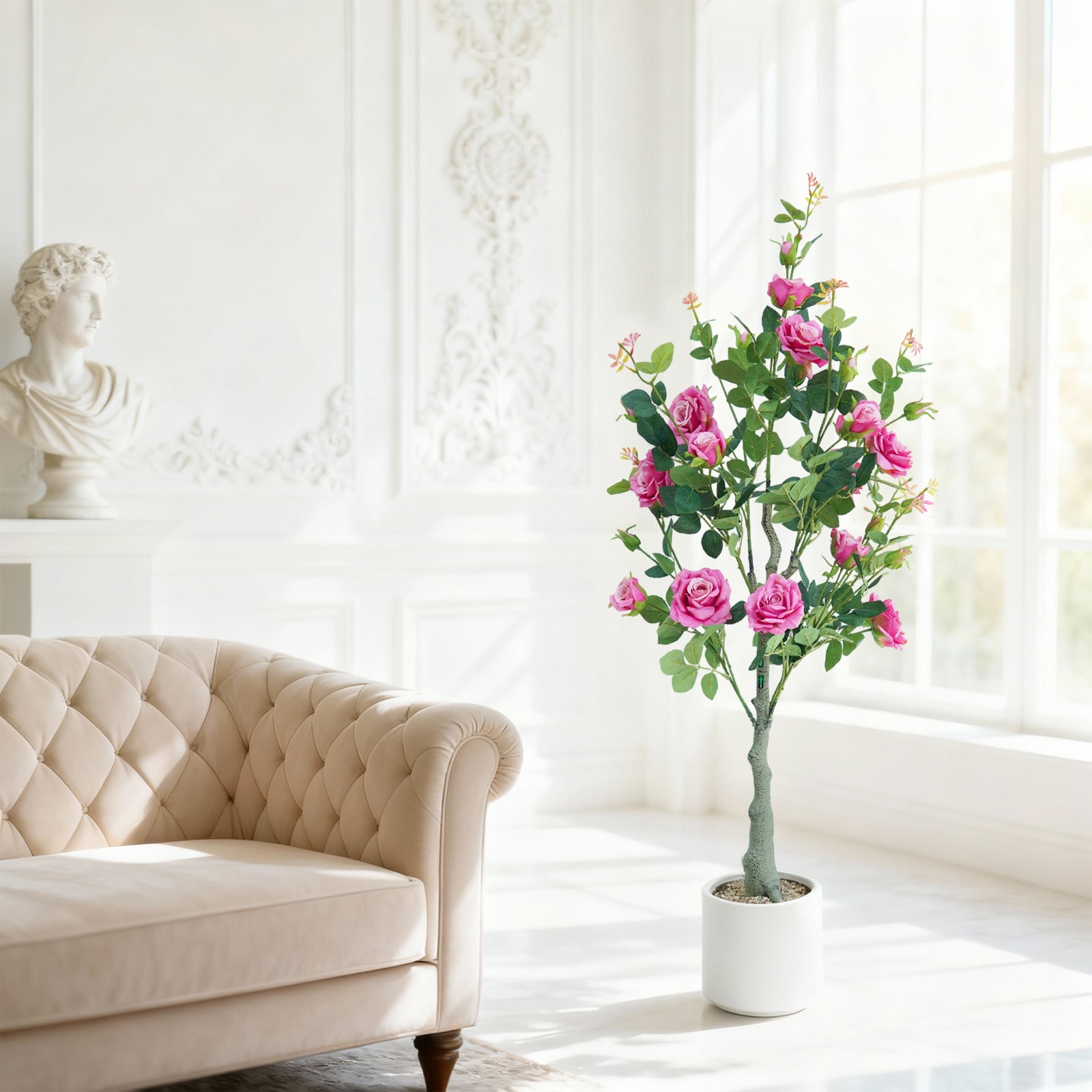 Lifelike & UV Resistant Artificial Rose Tree – 120cm Faux Plant with Silk Flowers & Plastic Leaves, White Pot, Easy Maintenance, Nordic Home/Office Décor