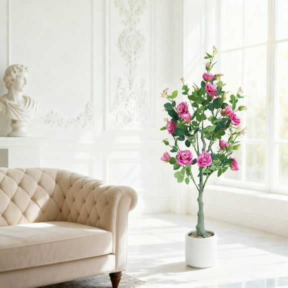 4ft Artificial Rose Tree, White Faux Rose Plant in Pot for Home Office Decor