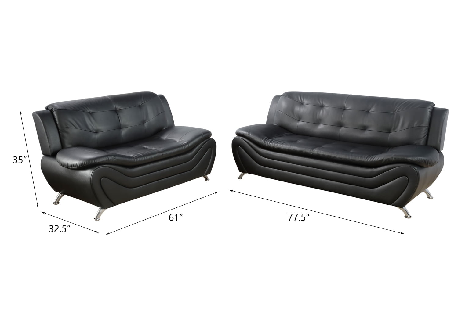 PonLiving Furniture 2 Piece Faux Leather Contemporary Living Room Sofa, Loveseat Set. Black
