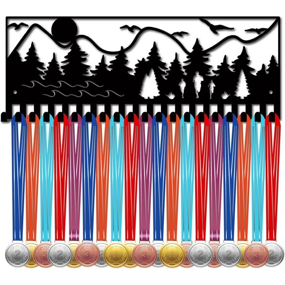 Run Medal Hangers Medal Holders Display Forest Mountain Metal Medal Rack Organizer Plaques Hanger Black Wall Mounted with 20Hooks 50Medals Awards Ribbons Sport Race Gift 15.7x6Inch Black 1set