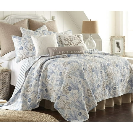 Levtex Home - Galapagos Quilt Set - Full/Queen Quilt (88x92in.) + Two Standard Pillow Shams (26x20in.) - Coastal - Blue Grey Taupe and White - Reversible - Cotton Fabric