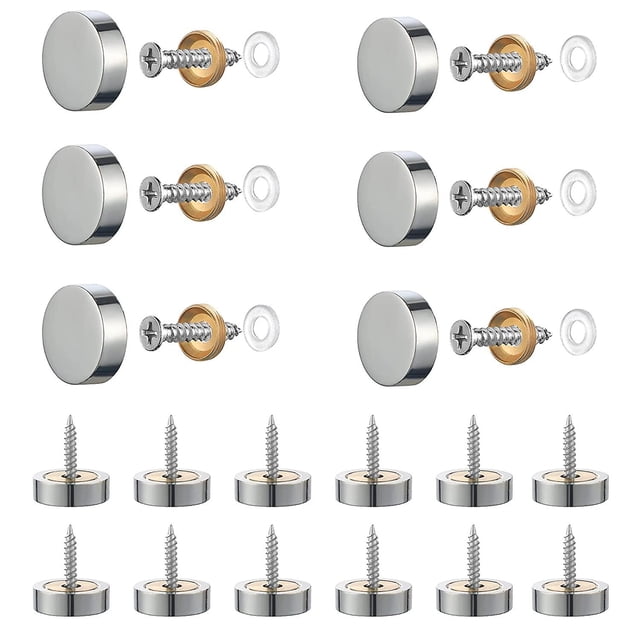 tornillos decorativos para espejo jm 20 juegos de latón 12 mm con arandelas de tapa decorativas Conjunto de 20 juegos mostrado desarmado y montado: tapa circular blanca/plateada, tornillo autorroscante Phillips de acero, casquillo de latón dorado y arandela blanca; dispuesto en filas sobre fondo blanco; se suelen usar también para sujetar marcos y accesorios ligeros.