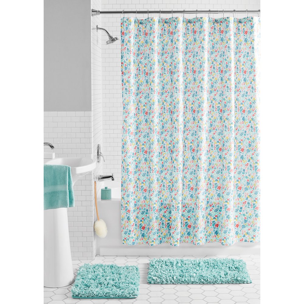 Mainstays Ditsy Floral 72x72 Shower Curtain Bath Set, Multi Color, 15