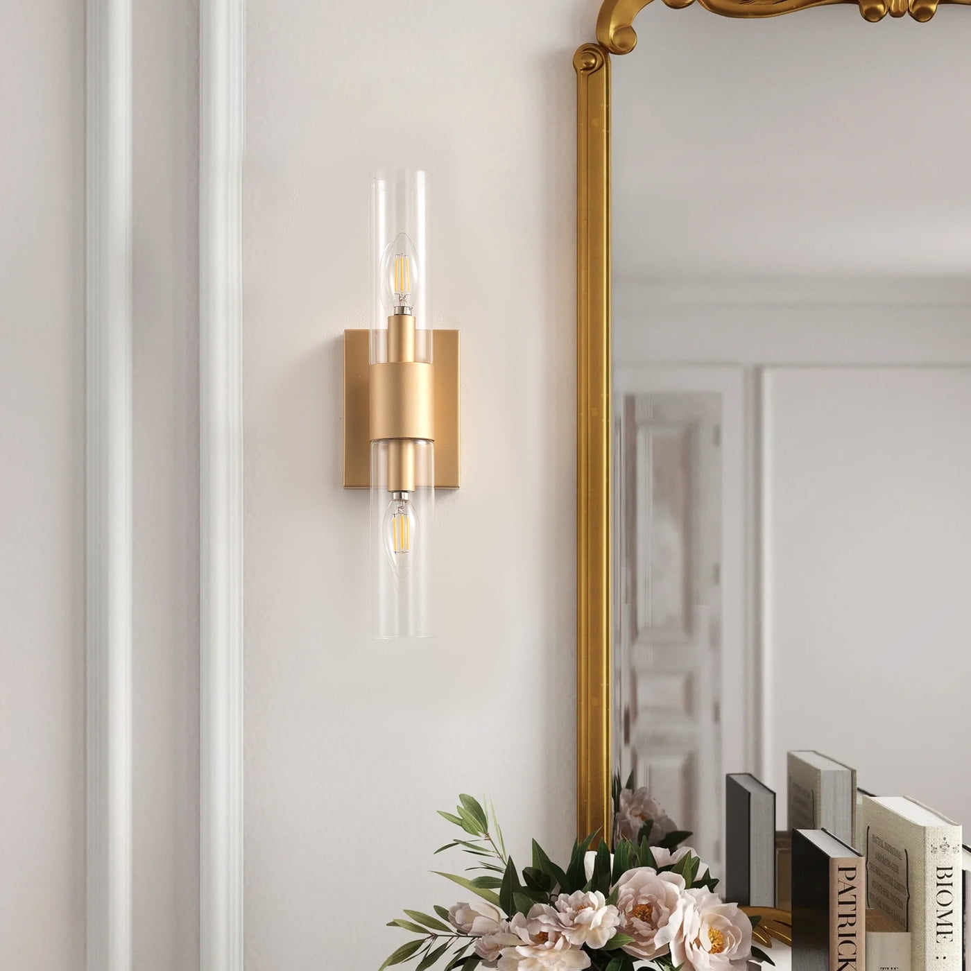 Modern Bathroom Light Fixture, Clear Glass Vanity Light, Gold Wall Sconce over Mirror