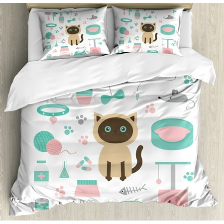 Decorative Item Set - Cat Lover Duvet Cover Set, Cartoon Style Surprised Looking Siamese among Pastel Colored Cat Related Items, Decorative Bedding Set with Pillow Shams, Multicolor, by Ambesonne