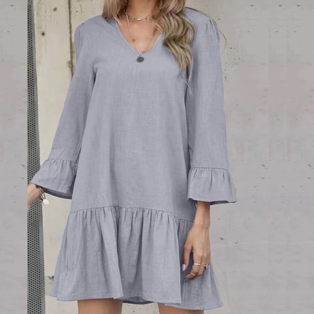 Fankiway Liquidation Robes à Manches Longues Mode Bohème Col Rond Manches Longues Robe Ample Robes pour Femmes Grande Taille Liquidation