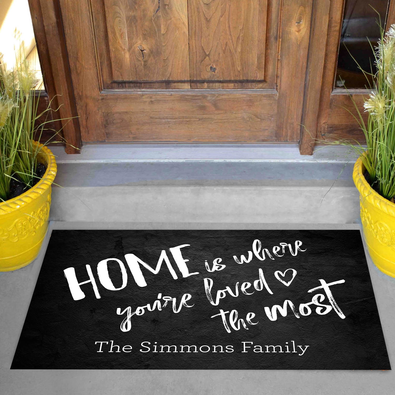 Personalized Planet 27x18 Home is Where You're Loved the Most Doormat with Custom Family Name Printed on Black Rectangular 1/4” Thick Non Slip Mat for Kitchen Hallway Deck or Porch