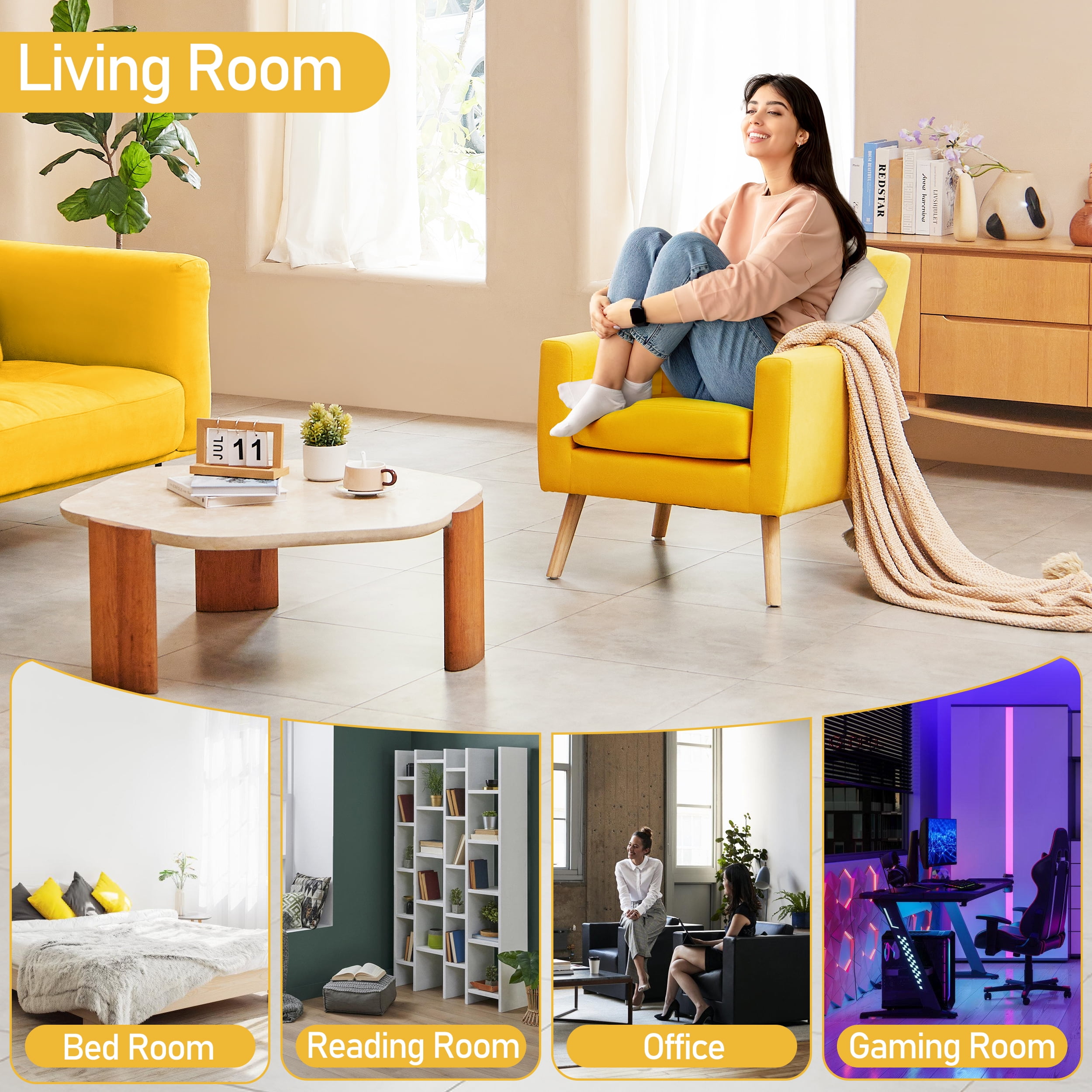 TrumanPick Accent Chair, Modern Upholstered Comfy Sofa Chairs, Fabric Mid-Century Armchair Button Tufted Lounge Chair for Living Room, Bedroom, Yellow