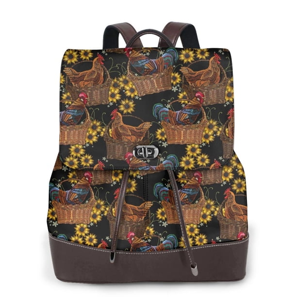 Balery Embroidery Chicken Rooster And Sunflowers Mochila de Cuero para Mujeres, Gran Capacidad, Bolsa de Viaje Multifuncional, Mochila de Cuero y Bolsa de Hombro para Mujeres