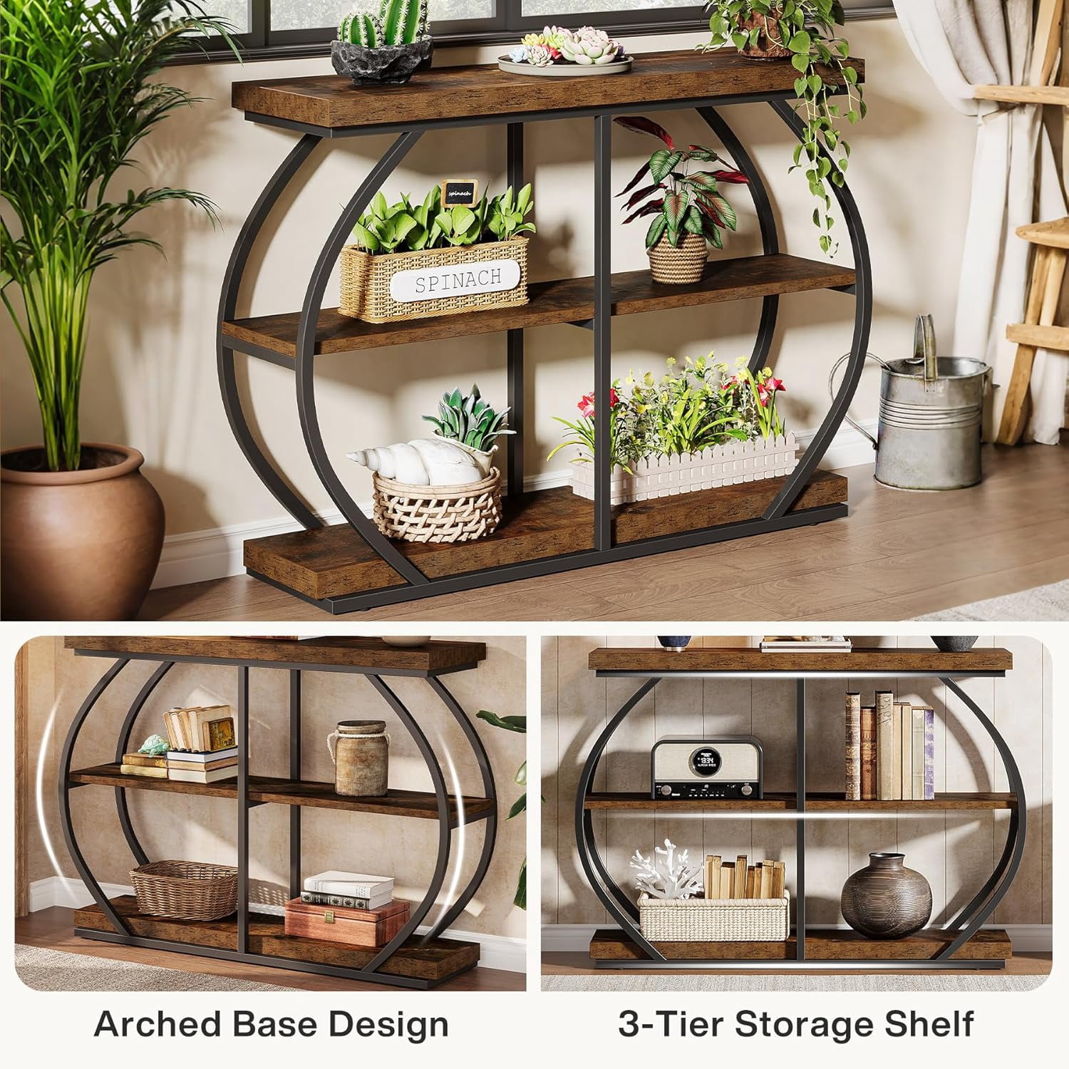 Tribesigns 41.3" Industrial Console Table: 3-Tier, Arched Metal Frame, Entryway Table with Storage Shelves, Rustic Brown & Black