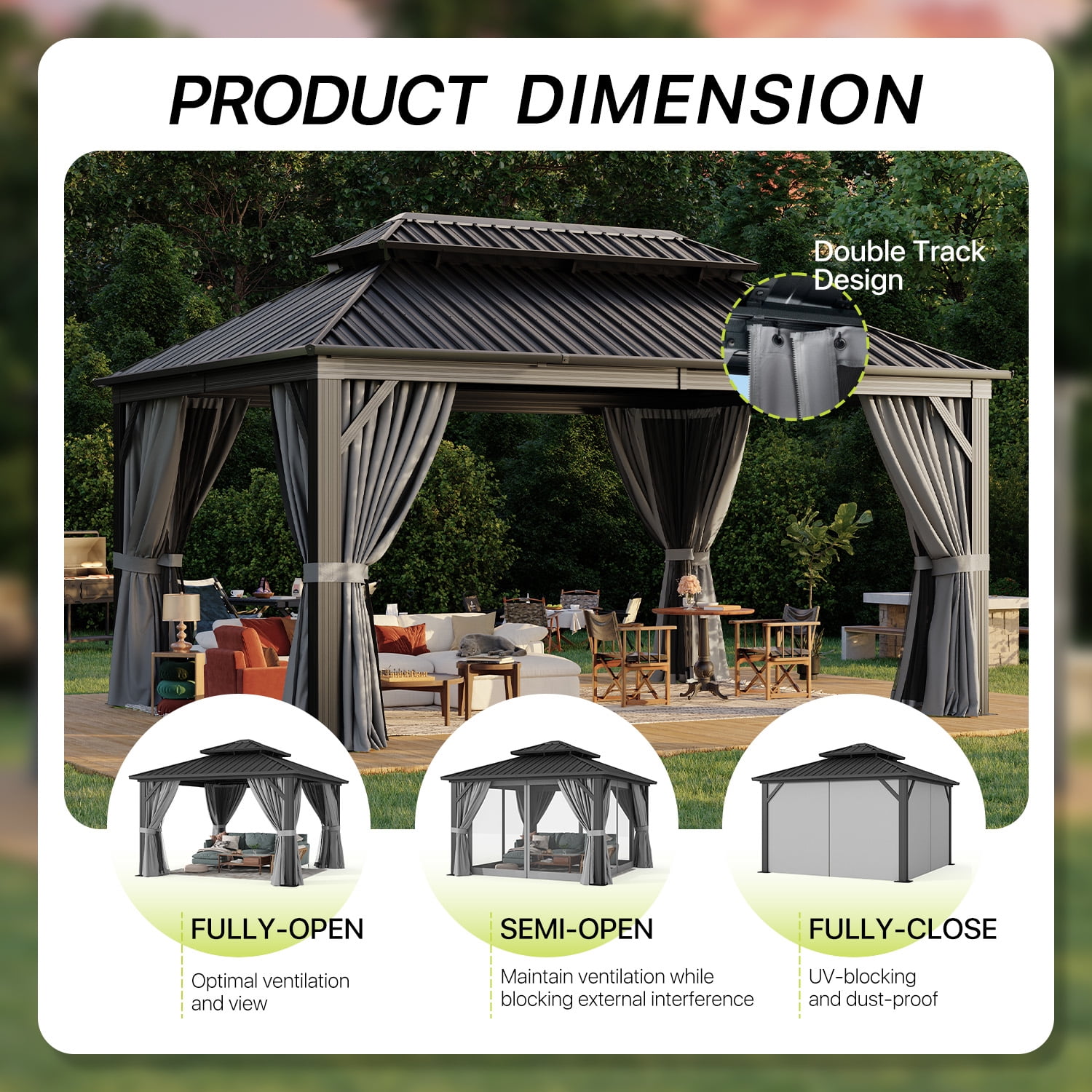 BaPiPro 12x16 FT Permanent Outdoor Gazebo – Aluminum Frame with Double Roof, Includes Curtains & Netting, Ideal for Patio, Lawn, and Garden,Gray