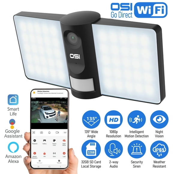 OSI Smart Wi-Fi Sans Fil Projecteur Caméra de Sécurité Intérieur-Extérieur 1080P HD, 2-way talk, Smart Motion, Notification d'Application, Alexa & Google Assistant, Super Lumineux, Sirène Intégrée, Vue à Distance