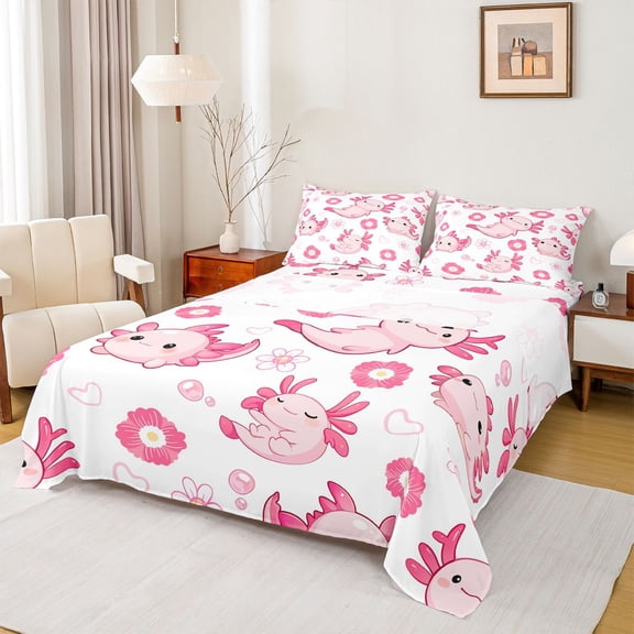 jejeloiu Pink Axolotl Salamander Twin Sheet Sets,Kawaii Flowers Blossom Twin Fitted Sheet,Cartoon Cute Animal Flat Sheet For Girls,Breathable Home Decor,3 Pieces