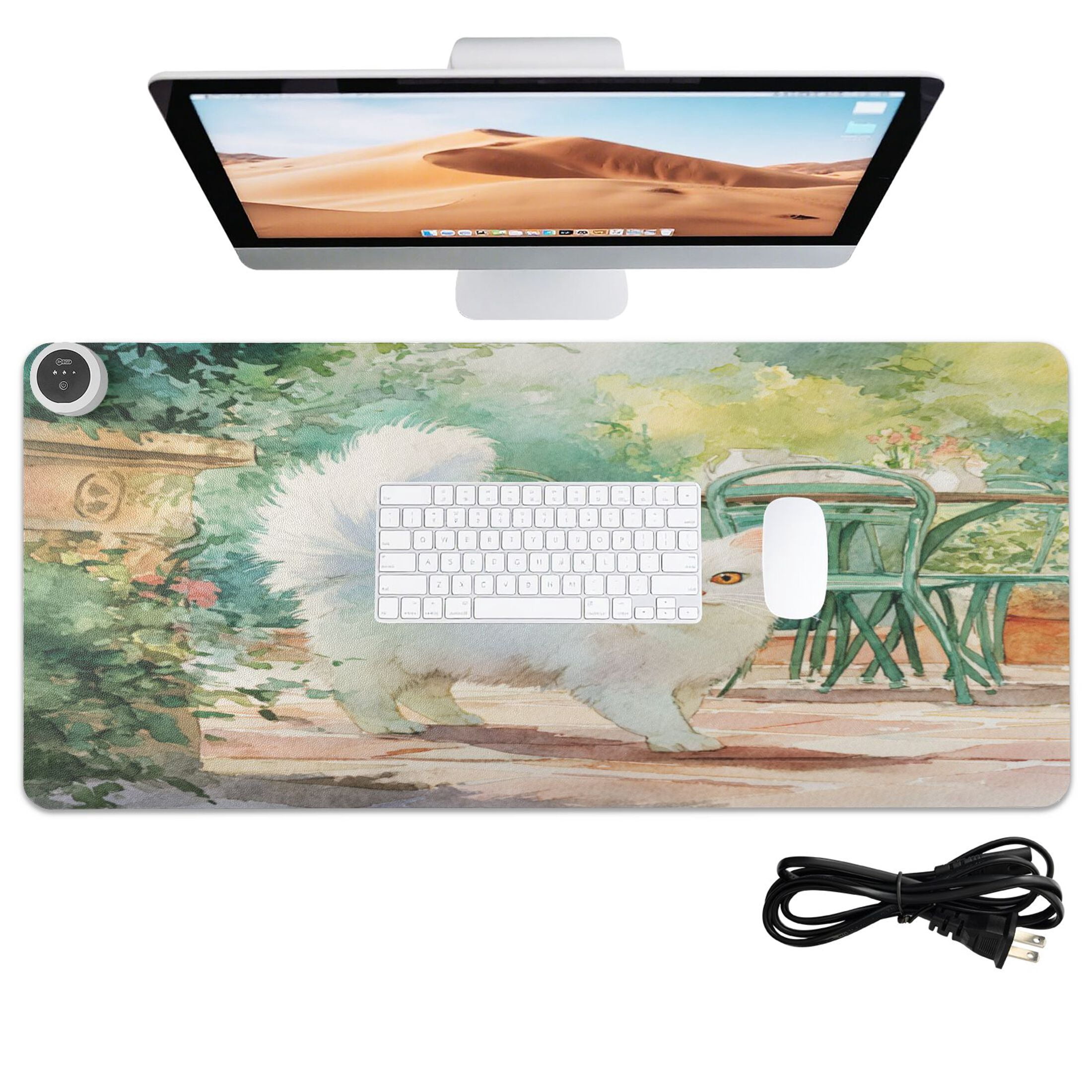 Large Heated Desk Mat Mouse Pad 31.5"x13"PU Leather Graphene Heating Desk Warmer with 3 Temperature Settings 110V US Plug Non-Slip Warm Pad for Home, Office, and Gaming Watercolor White Persian Cat