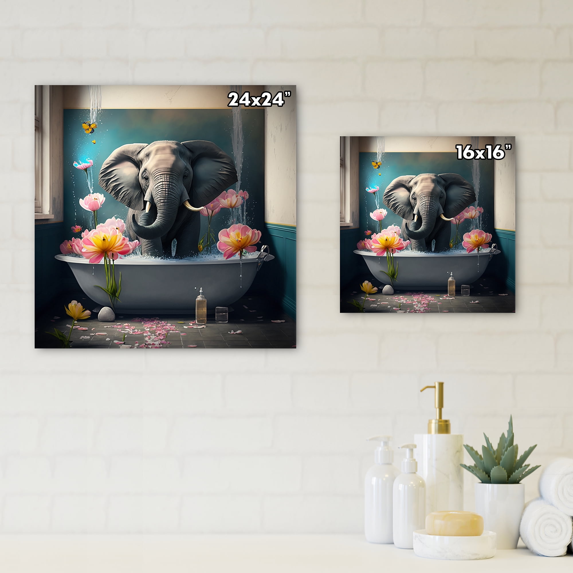 Designart Cute Elefant Taking A Bath Canvas Wall Art