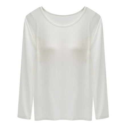 GZWYHT Big Sale! Sweatshirt for Women Fall Outfits Women s Crewneck Long Sleeve T Shirt With Breast Pad Women s Bra Cup One Underwire Pajamas Undershirt Base Fall Clothes Long Sleeve Tops White S
