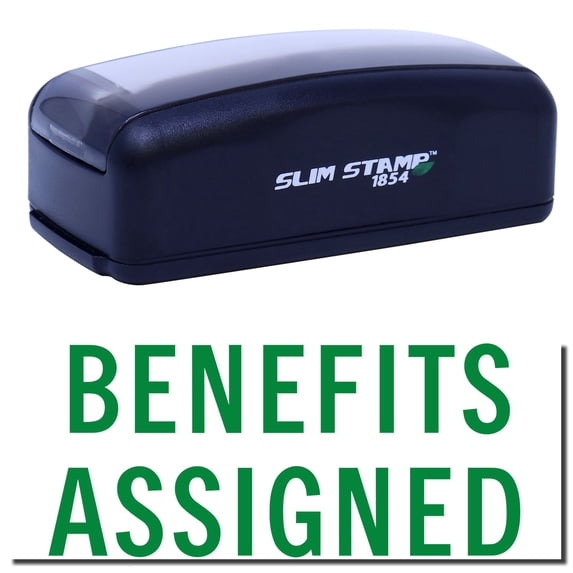 Large Pre-Inked Benefits Assigned Stamp, Slim 1854, Ultra Slim Design, Impression Size 1-13/16" by 2-1/2", Up to 25,000 Impressions - Green Ink