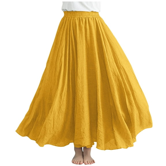Linen Thread Ankle Skirts for Women High Elastic Waist A-Line Skirts Large Size Maxi Skirts Solid Color Pleated Skirts