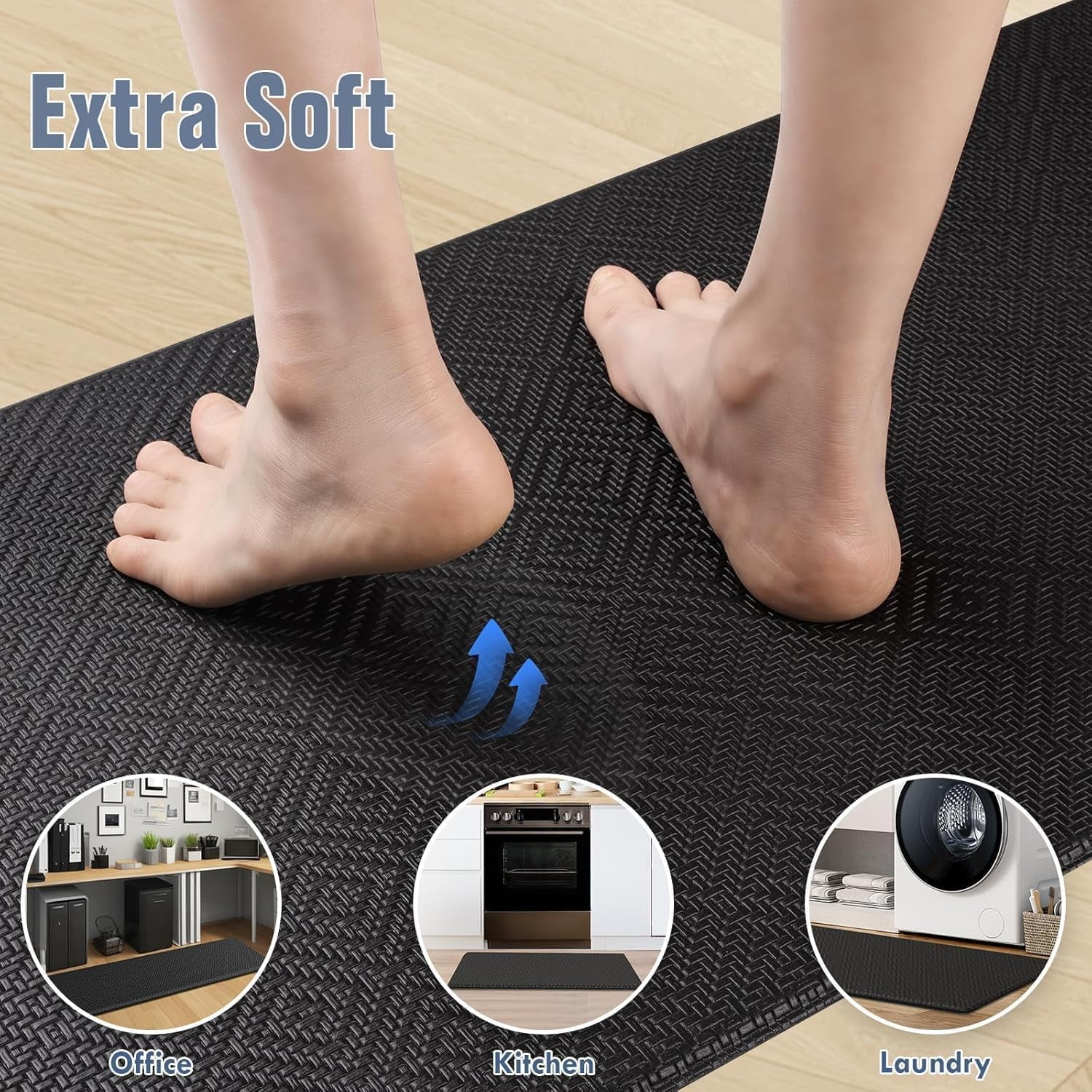 Kitchen mats for Floor, 2PCS Kitchen Rugs Non-Slip Water and Oil Absorbent Runner Rugs for Kitchen, Floor, Office, 17.3"x30"+17.3"x47", Black
