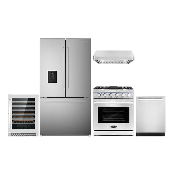 5 Piece Kitchen Package with 30" Freestanding Gas Range 30" Under Cabinet 24" Built-in Fully Integrated Dishwasher French Door Refrigerator & 48 Bottle Wine Refrigerator
