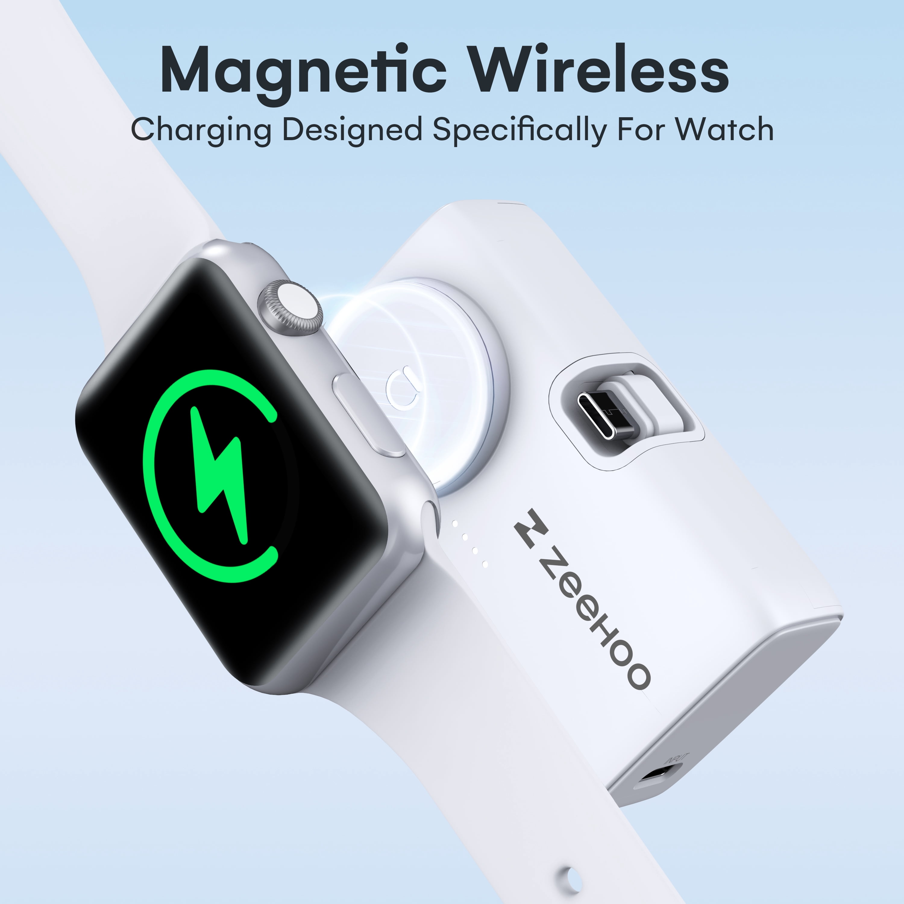 ZEEHOO Tiny Power Bank, Built-In USB-C & Light-ning Connector for iPhone, Samsung, USB Type-C, for Apple Watch Wireless Charging