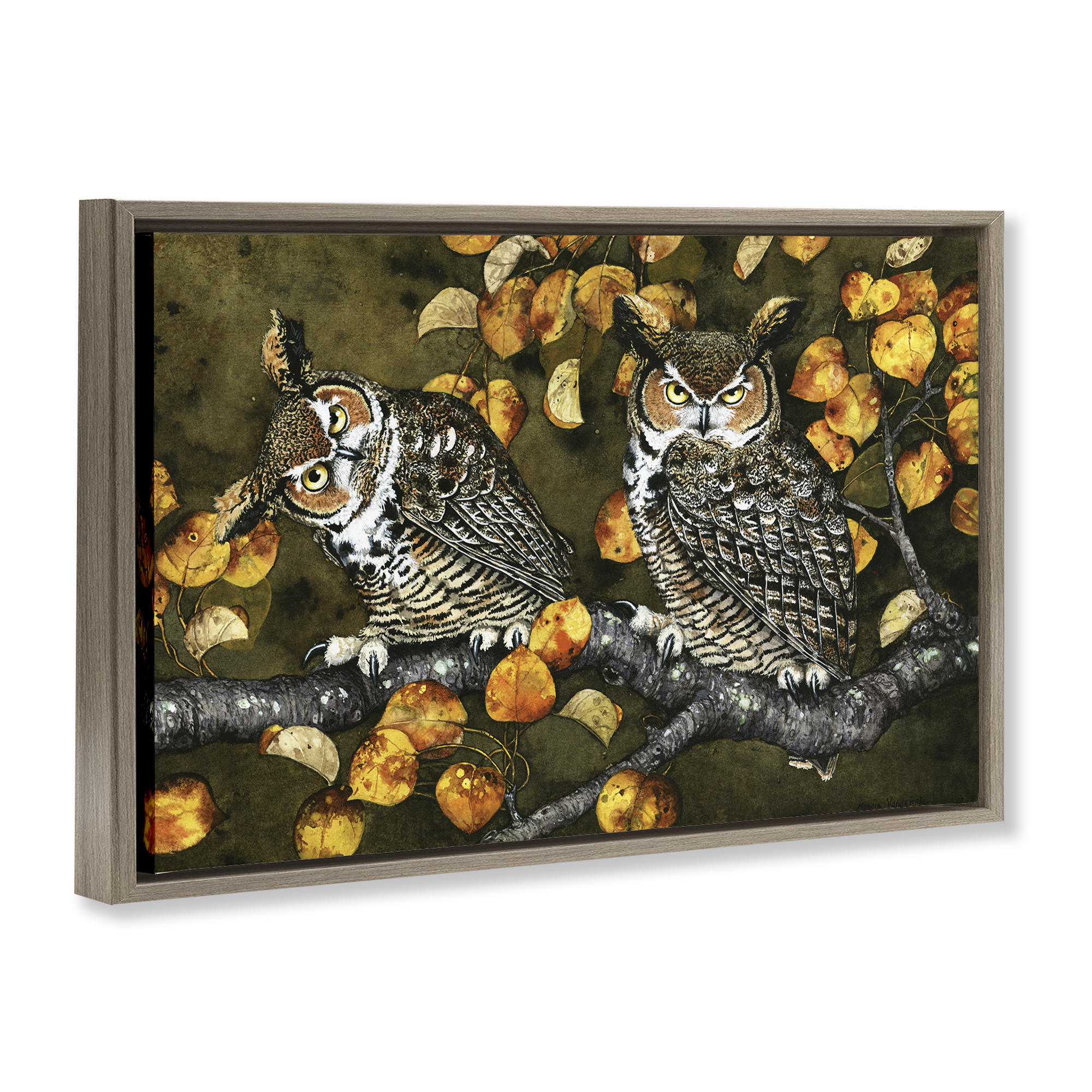 Stupell Industries Inquisitor Owls Autumn Branch Animals & Insects Painting Brown Floater Framed Canvas Art Print Wall Art, 25 x 17