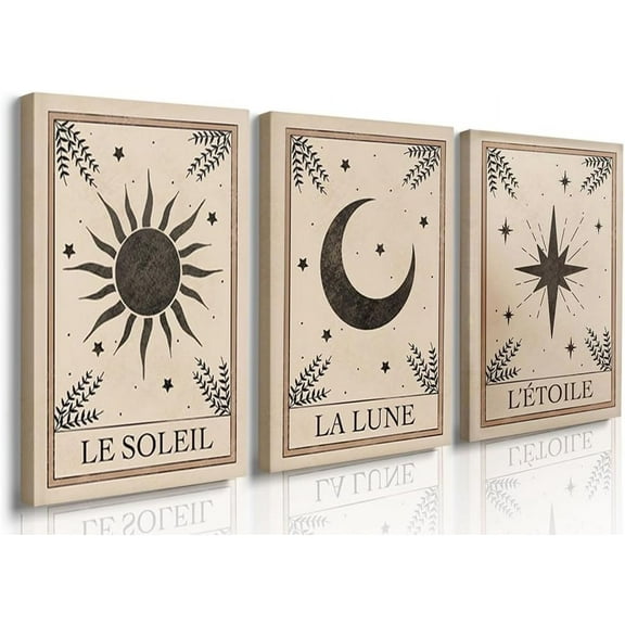 Set of 3 Boho Wall Art Prints Celestial Decor Sun Moon Prints Posters Boho Room Decor for Bedroom Wall Art Modern Mid Century Wall Prints Moon Bedroom Decor Minimalist Artwork Beige 12"x16"