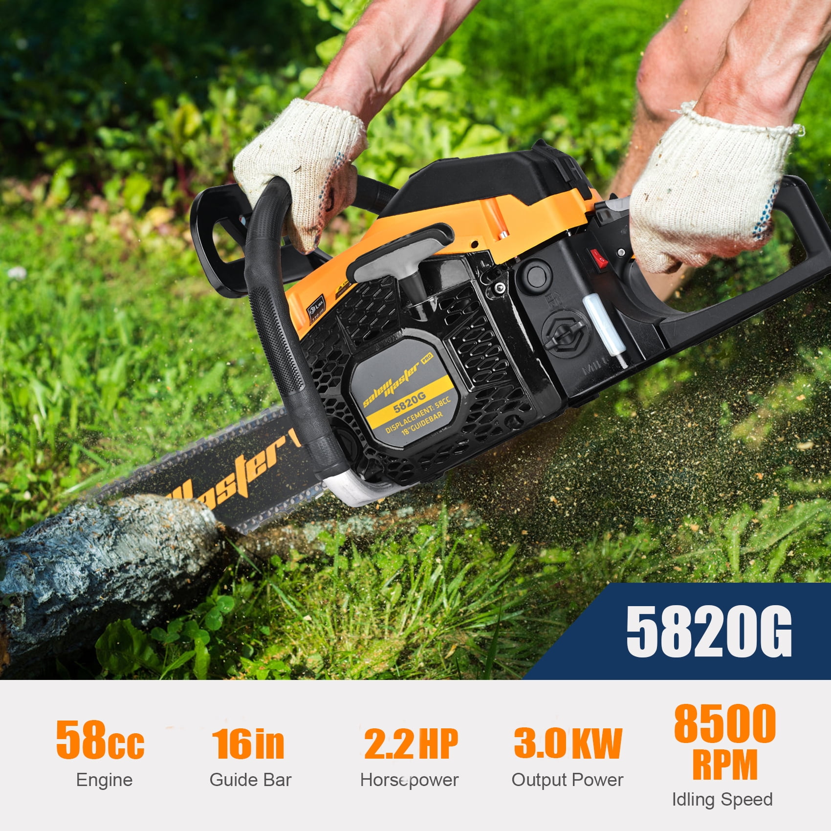 Gas Chainsaw 58CC 16 in. 5820G 2 Stroke Gasoline Powered Chain Saws  Handheld for Home Garden 