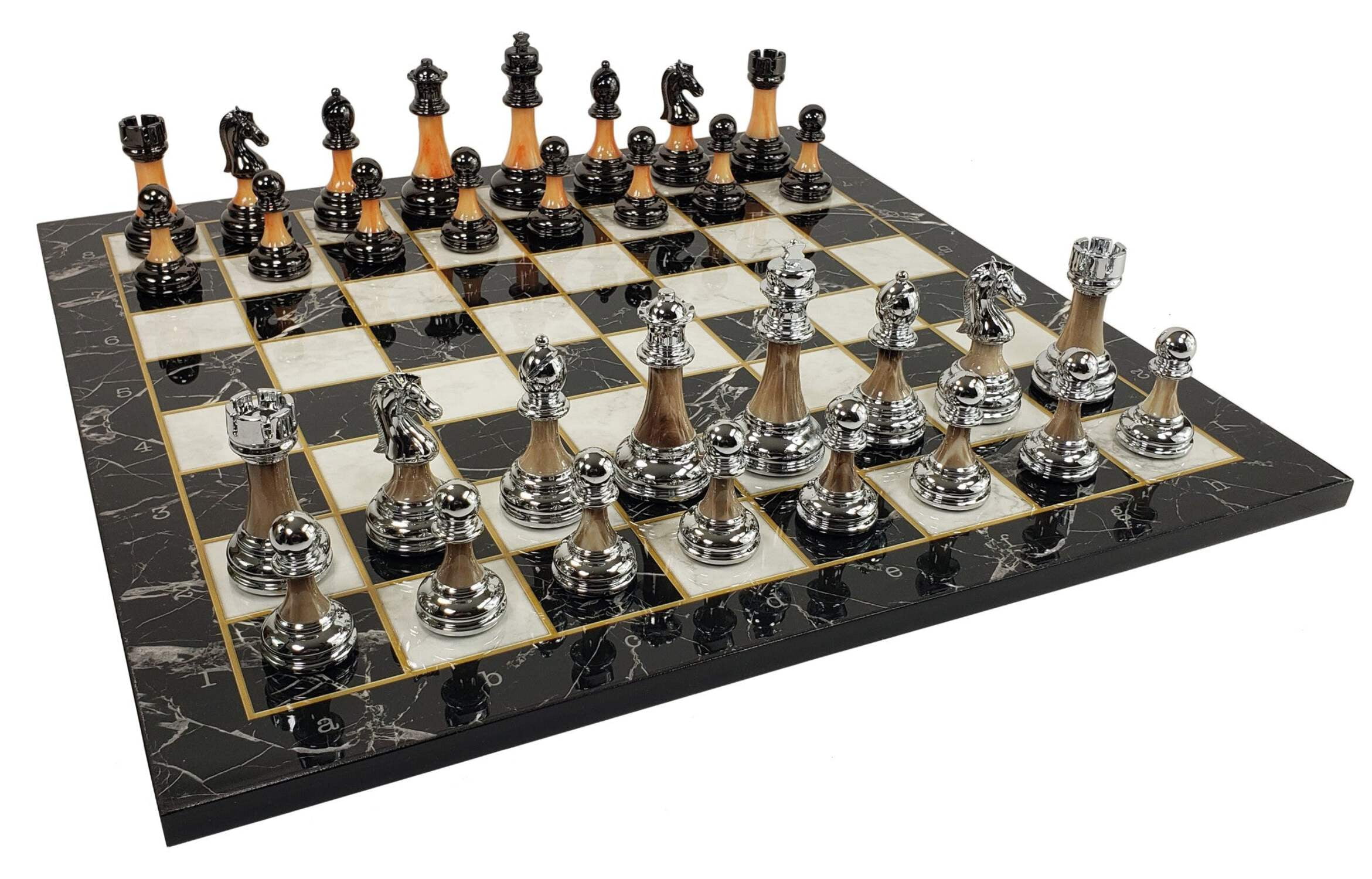 Staunton Chrome  Black Pro Plastic Chess Men Set W 17" Black Faux Marble Board
