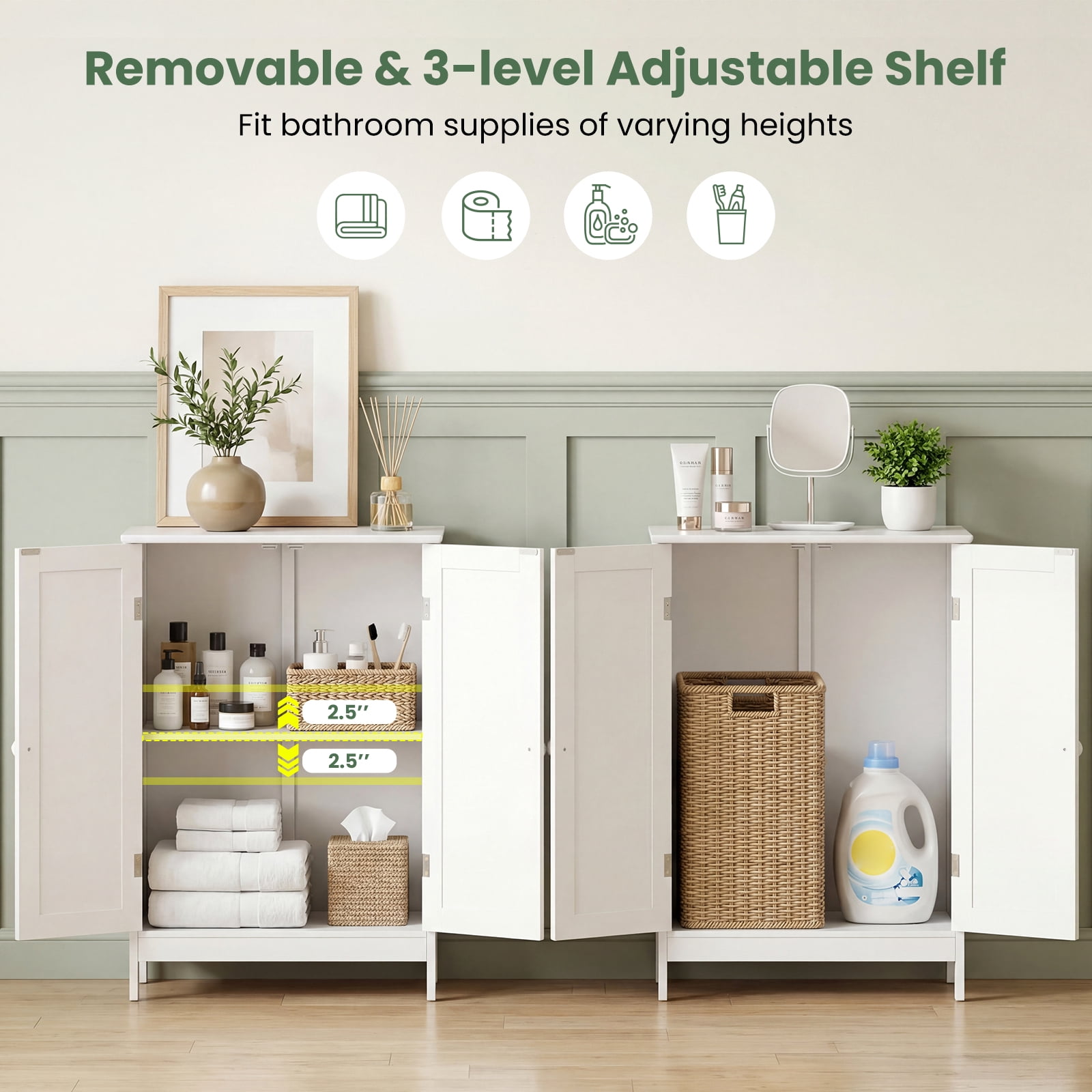 Giantex Bathroom Floor Cabinet, Wooden Freestanding Storage Cabinet with Double Doors, Suitable for Bathroom, Living Room, Bedroom, Entryway