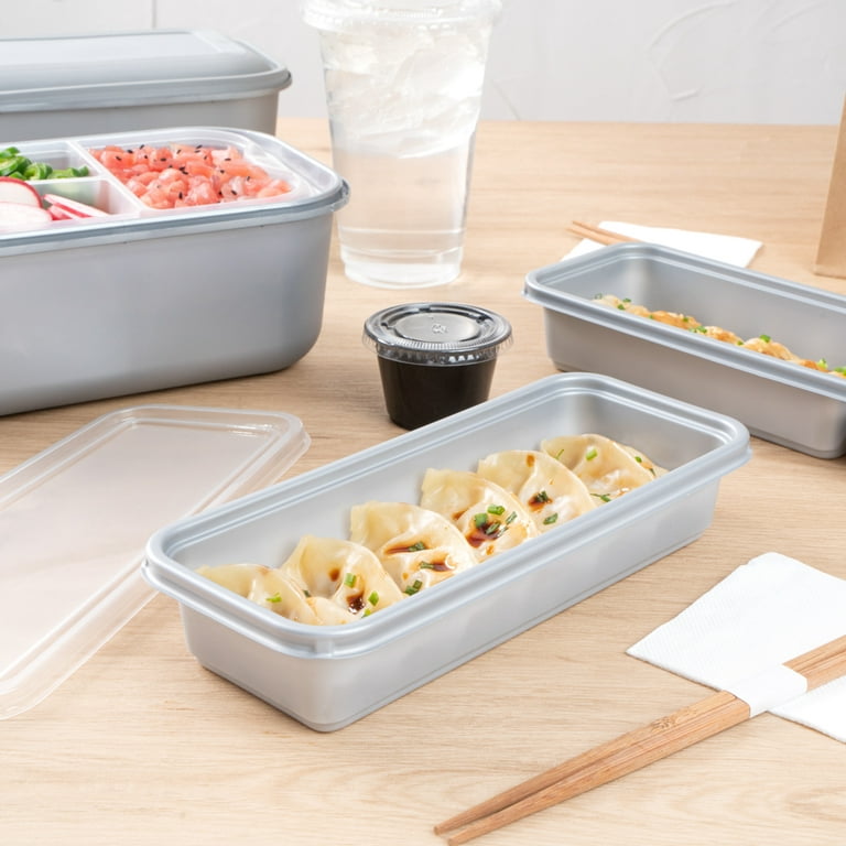 Futura 20 oz Rectangle Silver Plastic Catering Container - 3-Compartment,  with Clear Lid, Microwavable - 8 3/4 x 3 3/4 x 1 3/4 - 100 count box