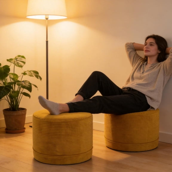 Stuffed Round Pouf Ottoman, Corduroy Foot with Storage, Soft Memory Foam Floor for Living Room Bedroom