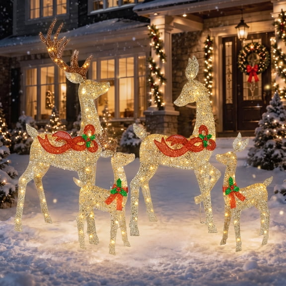 58" 4-Piece 3D Lighted Christmas Reindeer Family Set, Gold Outdoor Decor with 188 Lights, Stakes and Zip Ties for Yard, Lawn and Porch