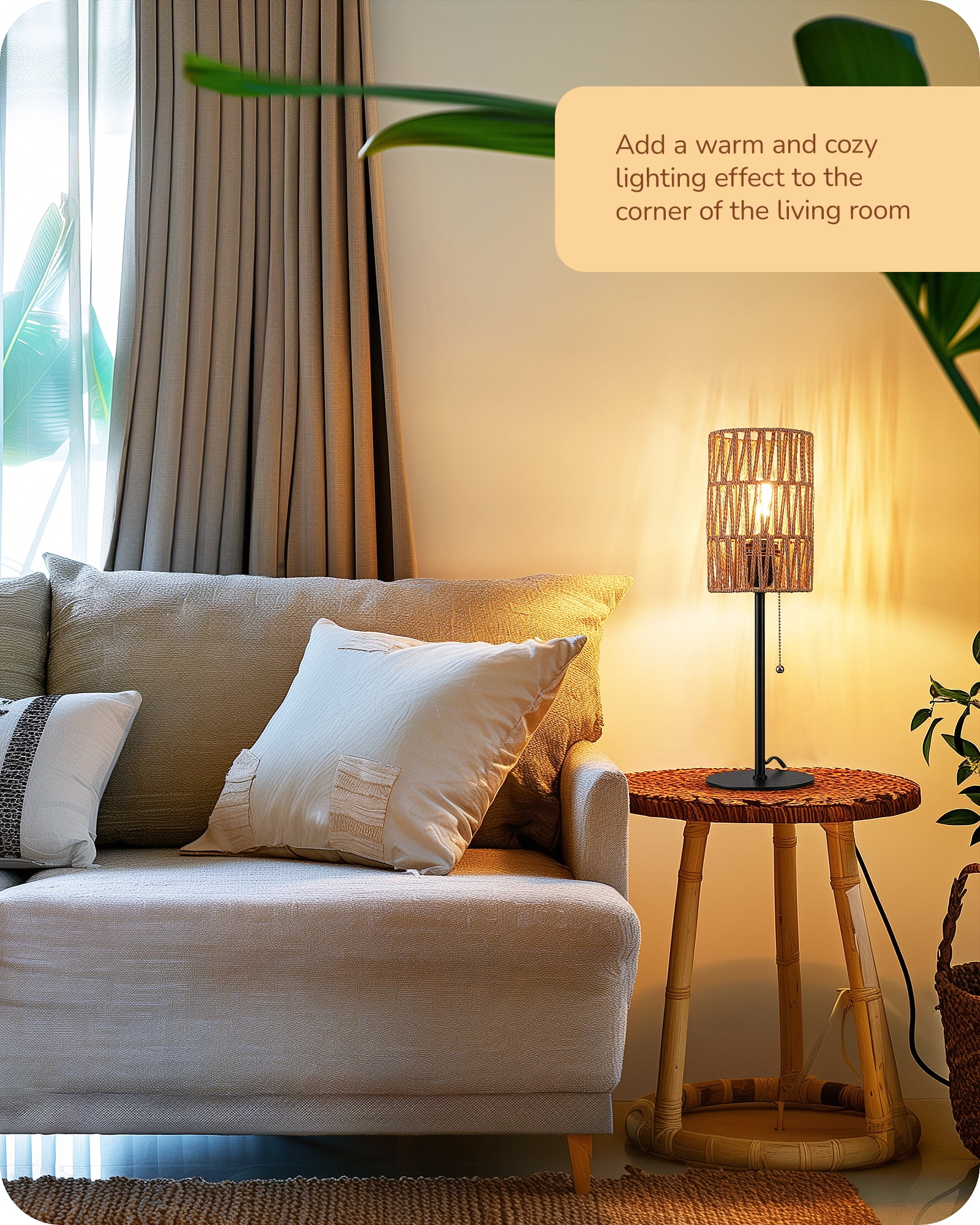 EDISHINE Table Lamp with Rattan Lampshade, Pull-Chain Switch, Metal Base Boho Bedside Nightstand Lamp for Bedroom, Living Room, Office