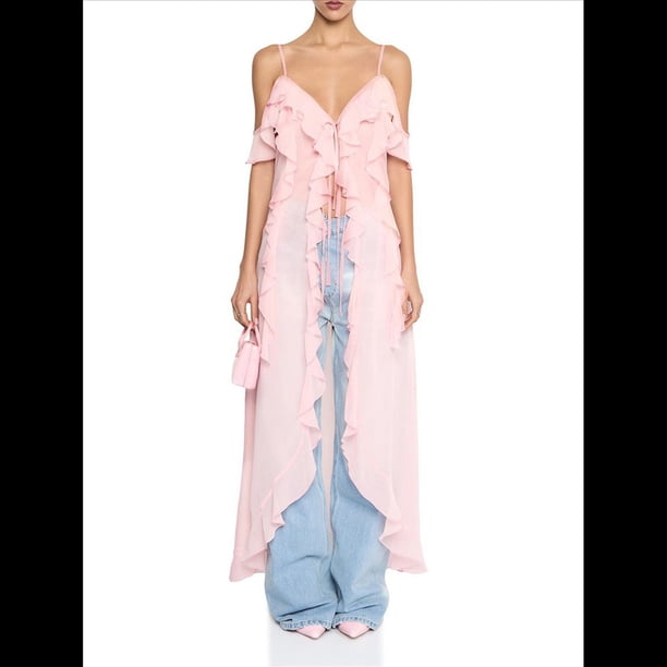 Camiseta Larga Holgada con Volantes y Abertura Frontal para Mujer, Sin Mangas, Espalda Descubierta, Tirantes Finos, Capa de , Maxi Top Sin Mangas Rosa M