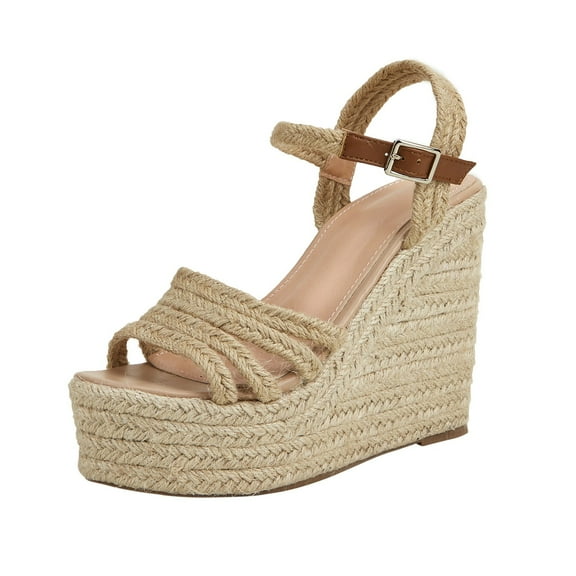 OAVQHLG3B Women Shoes Casual Peep Toe High Wedge Heels Ankle Strap Roman Retro Rustic Straw Rope Sandals